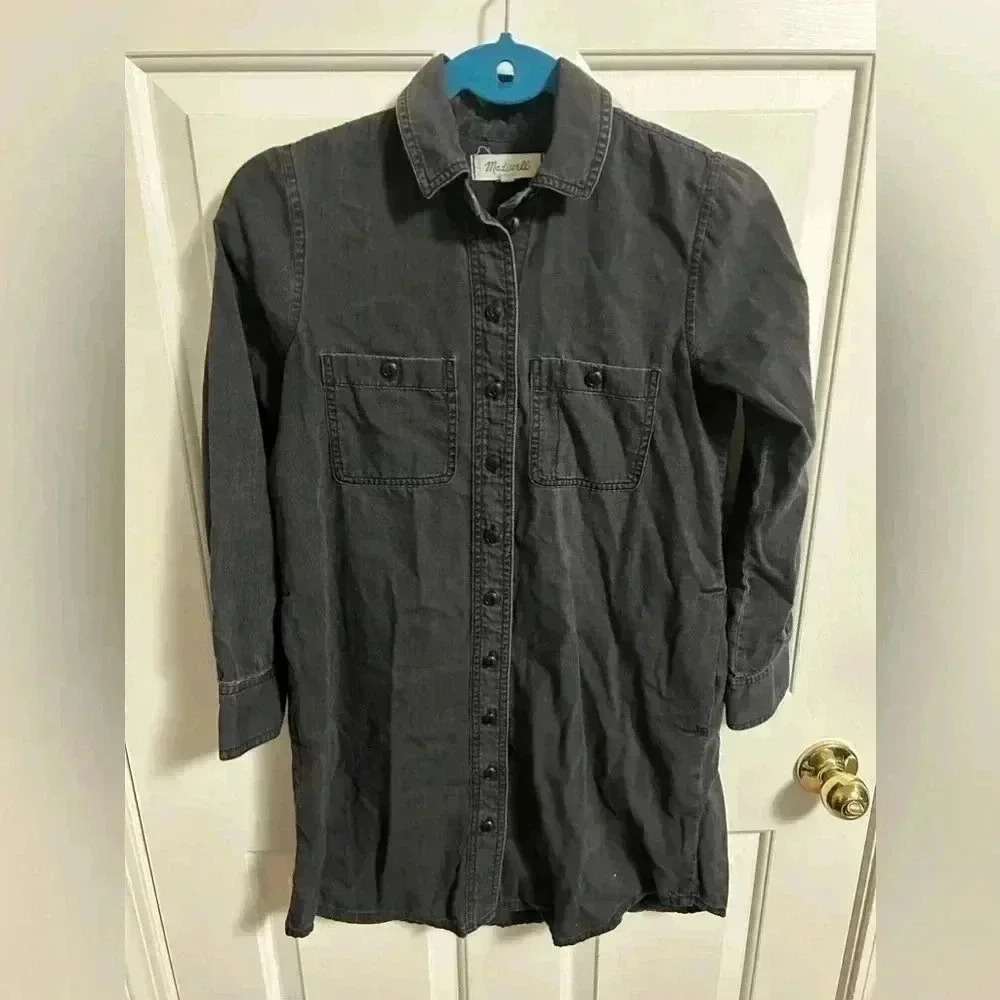 Madewell Denim Long Sleeve Light Wash Black Button Dress With Pockets Size XXS